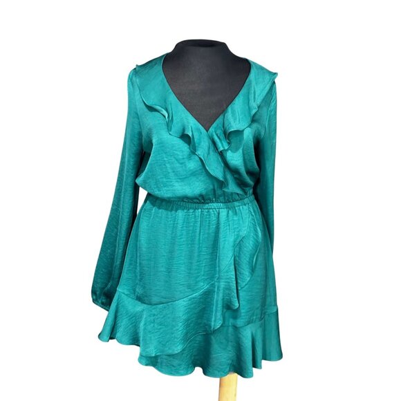 Emerald Green Ruffle Wrap Dress By Express - Size S - Picture 1 of 12